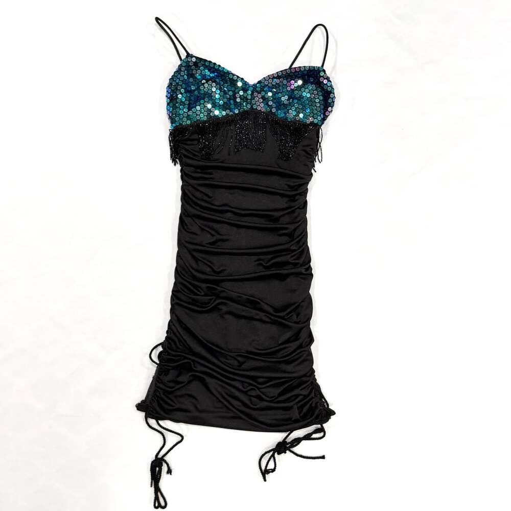 Vintage Zum Zum Teal Sequin Black Beaded Ruched Tube Mini Dress